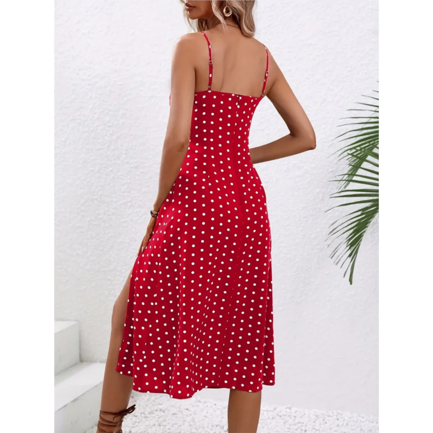 Elegant Polka Dot Spaghetti Strap Midi Dress