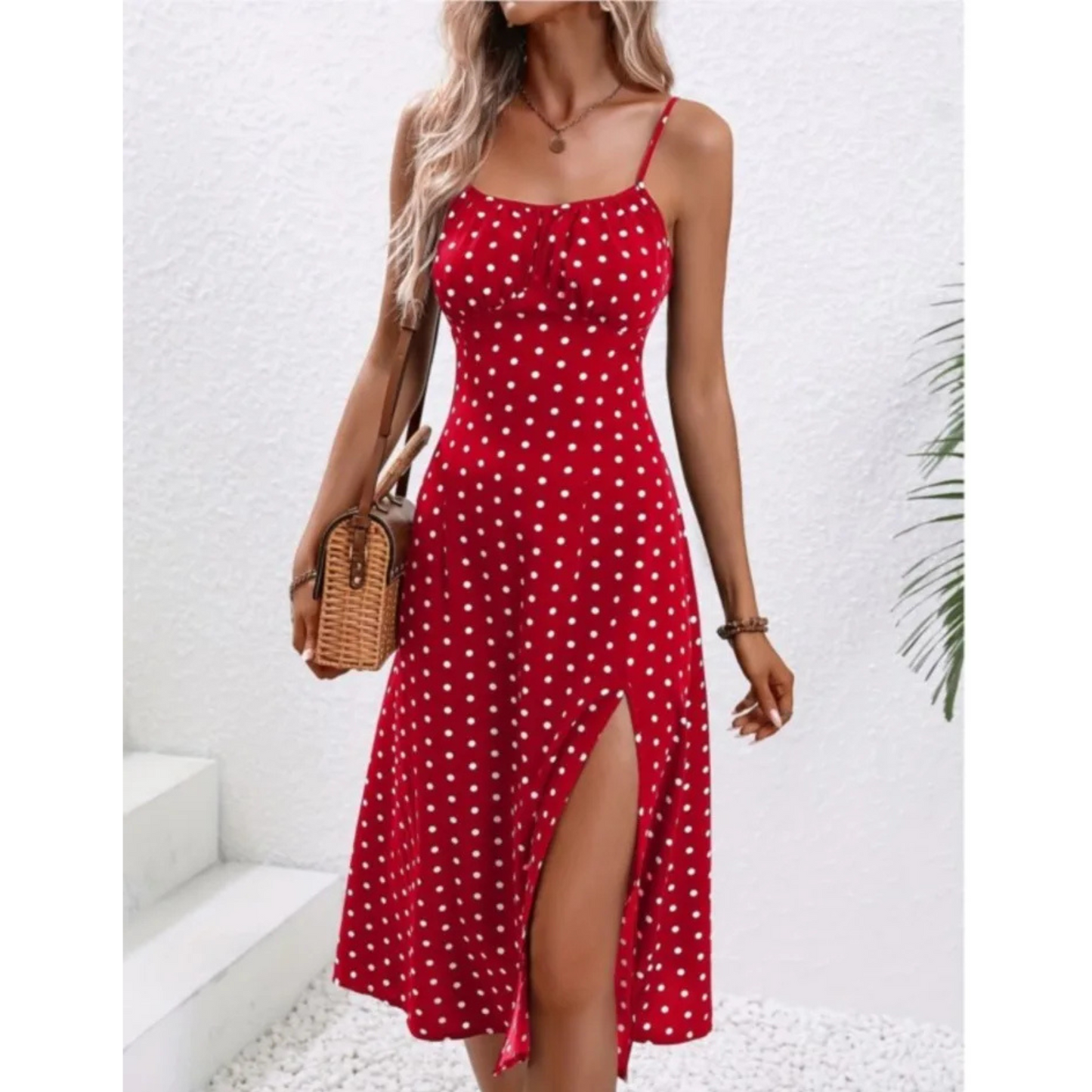 Elegant Polka Dot Spaghetti Strap Midi Dress