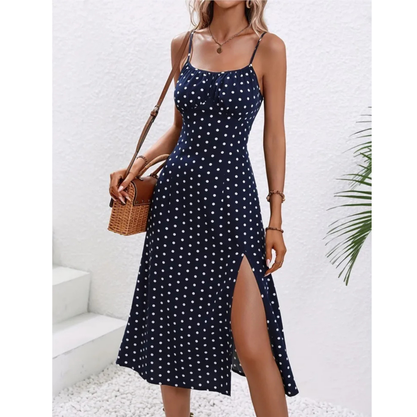 Elegant Polka Dot Spaghetti Strap Midi Dress