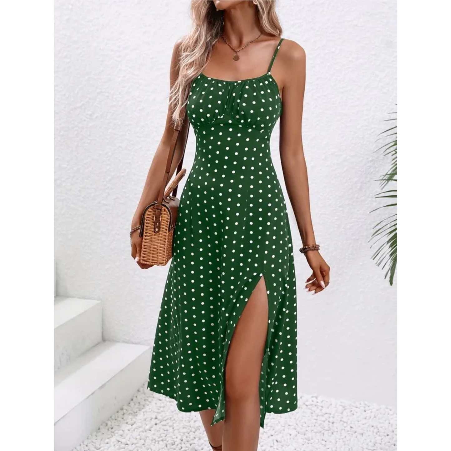 Elegant Polka Dot Spaghetti Strap Midi Dress