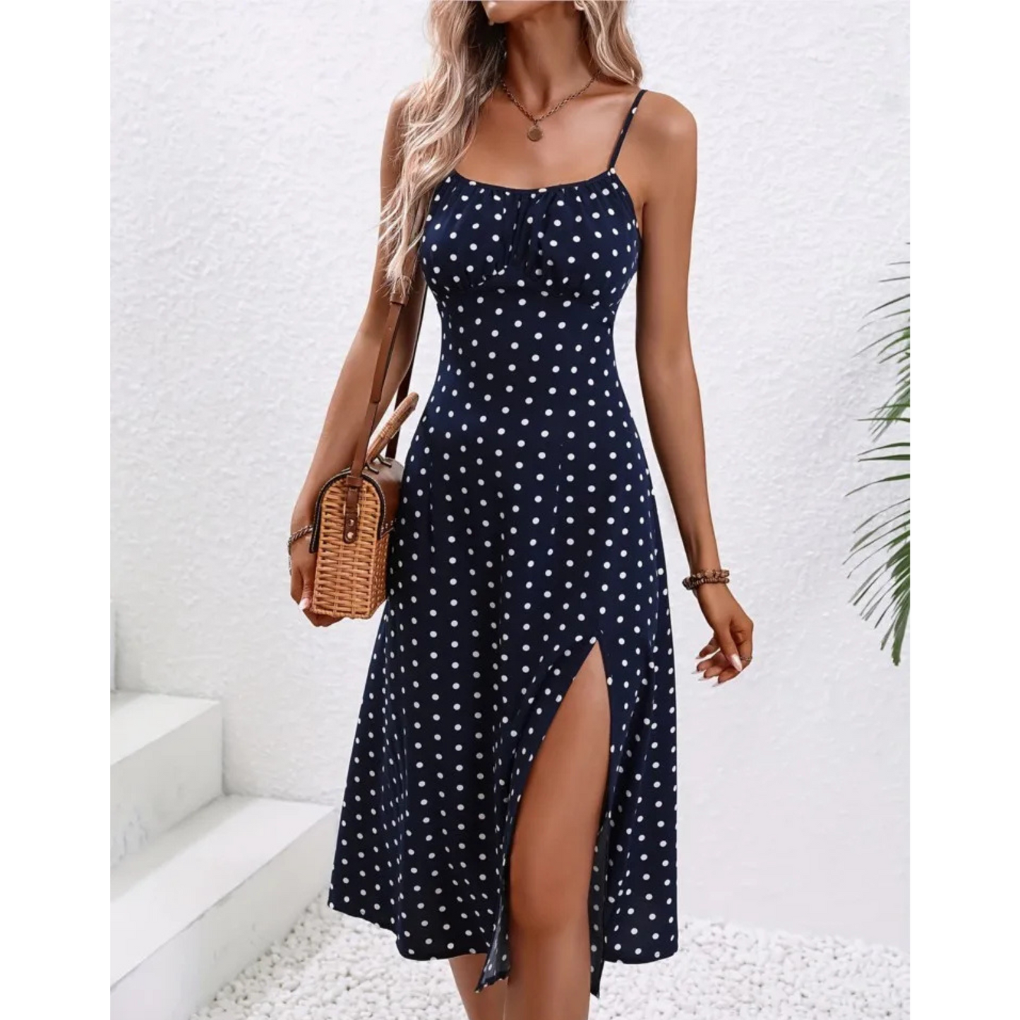 Elegant Polka Dot Spaghetti Strap Midi Dress