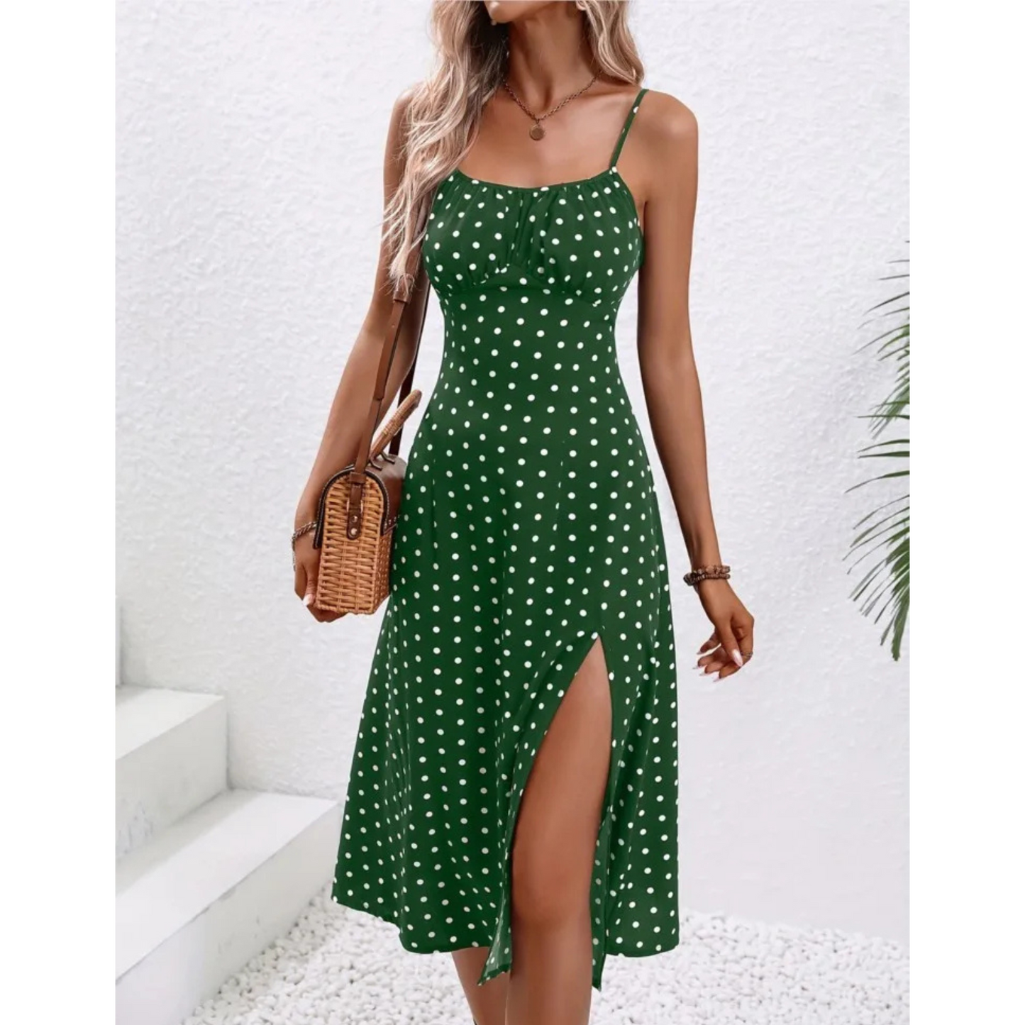 Elegant Polka Dot Spaghetti Strap Midi Dress