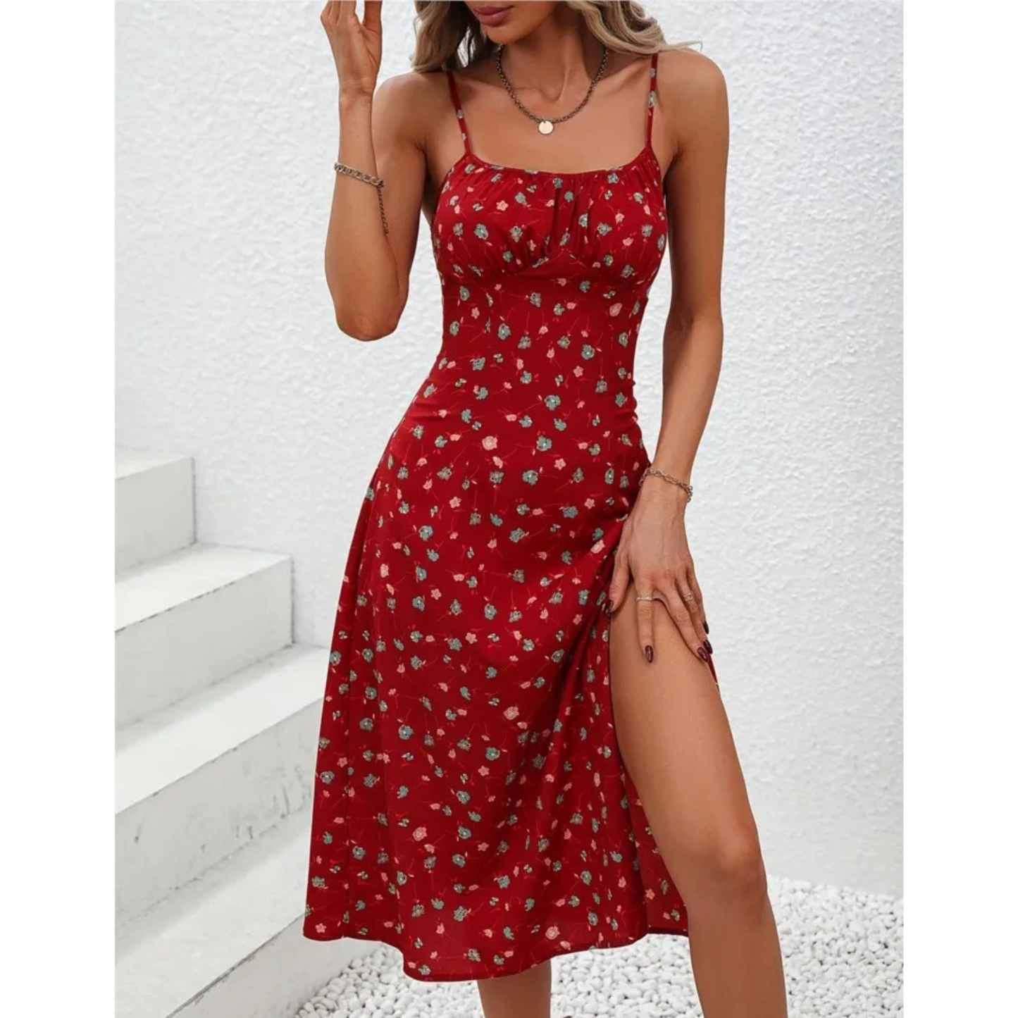 Elegant Polka Dot Spaghetti Strap Midi Dress