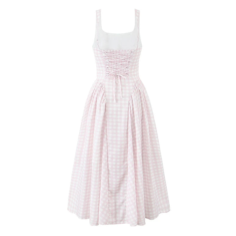 Elegant Plaid Lace-Up Midi Dress - Zenvybe