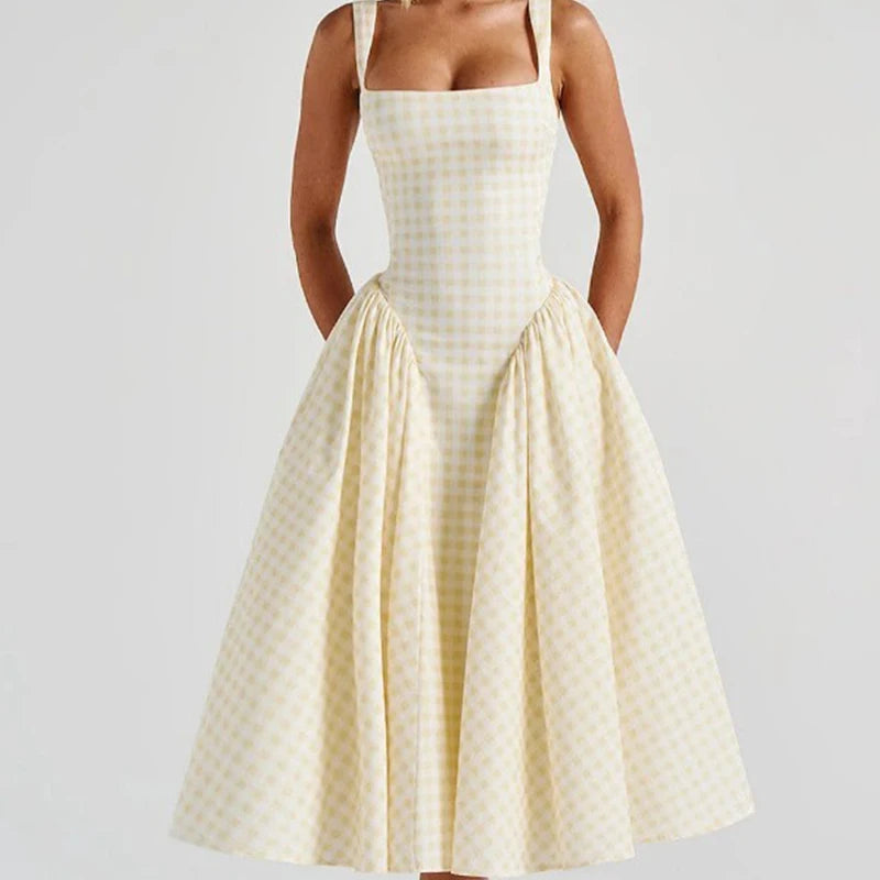 Elegant Plaid Lace-Up Midi Dress - Zenvybe