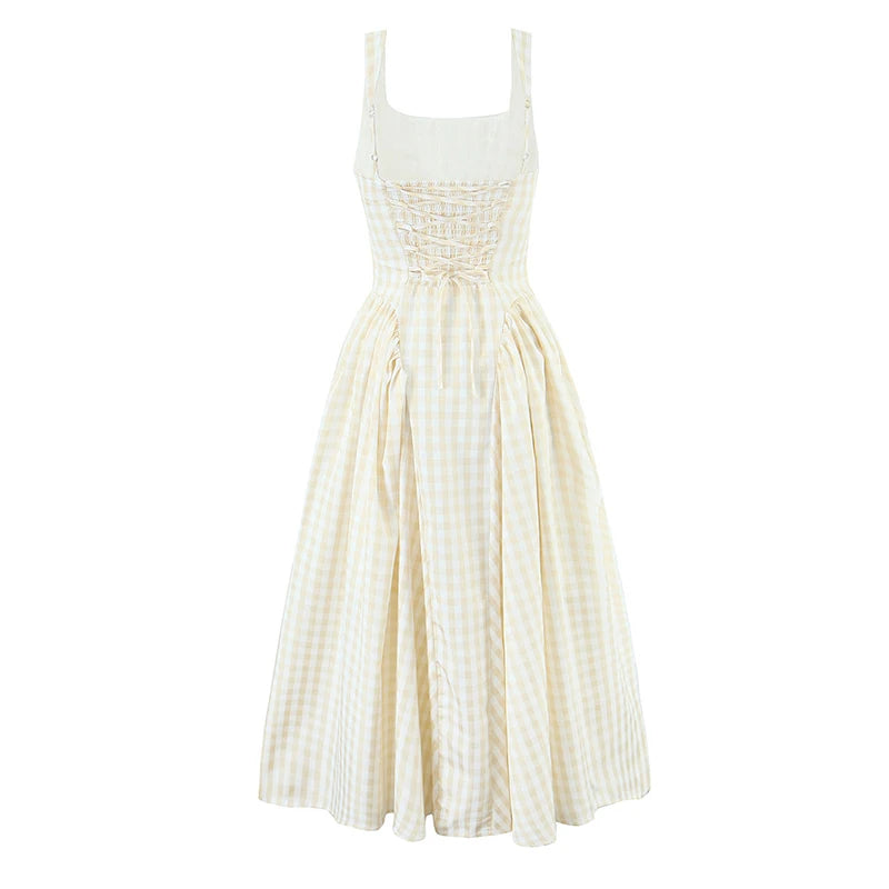 Elegant Plaid Lace-Up Midi Dress - Zenvybe