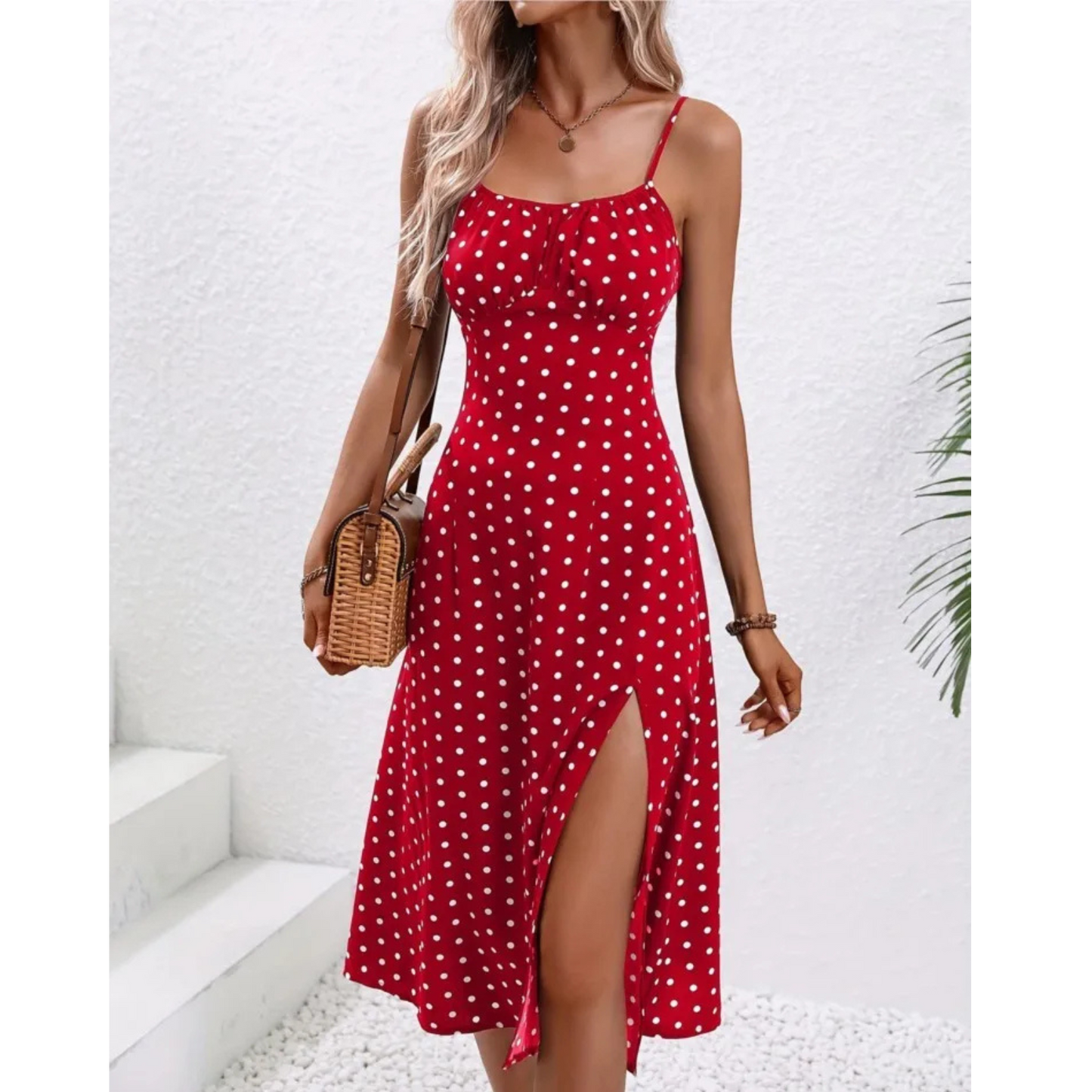 Elegant Polka Dot Spaghetti Strap Midi Dress
