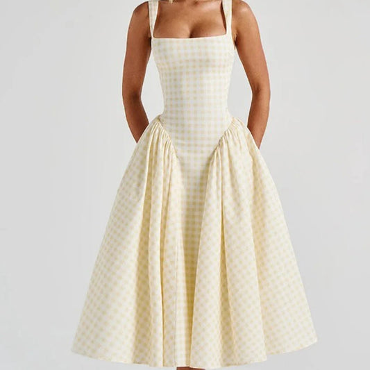 Elegant Plaid Lace-Up Midi Dress - Zenvybe