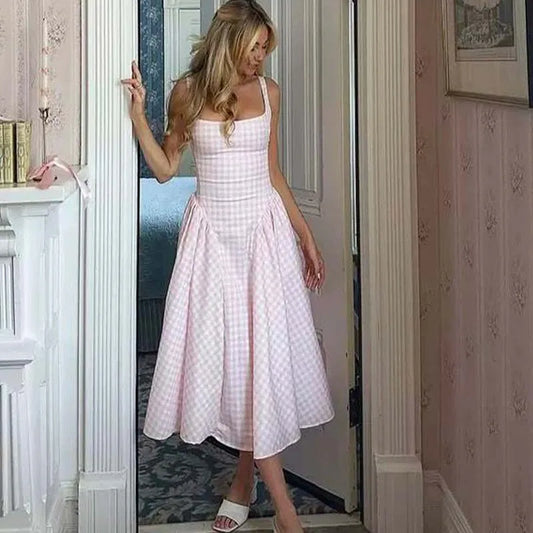 Elegant Plaid Lace-Up Midi Dress - Zenvybe